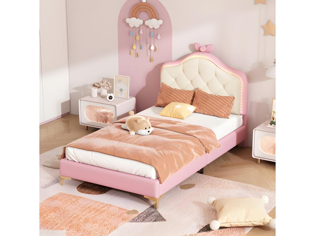 Lit enfant capitonn¨¦ avec LED color¨¦e et n?ud sur la t¨ºte - en similicuir - 90x200cm - avec sommier ¨¤ Meublita - Rose
