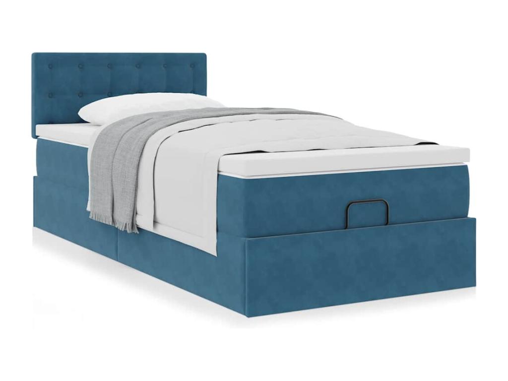 Cadre de lit ottoman avec matelas bleu fonc¨¦ 90x200 cm velours